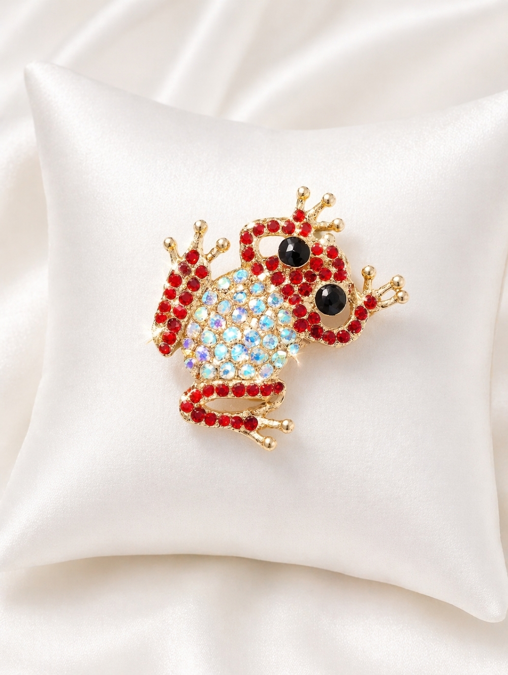 Sparkling Frog Brooch Pin Gold Tone Rhinestone Crystal Red & Iridescent